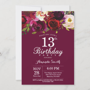 Invitation Bourgogne Floral 13e anniversaire de fête Invitati
