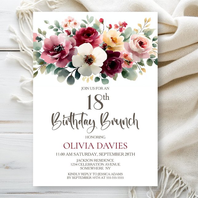 Invitation Bourgogne Floral 18e anniversaire Brunch (Créateur téléchargé)