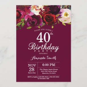 Invitation Bourgogne Floral 40e anniversaire de fête Invitati