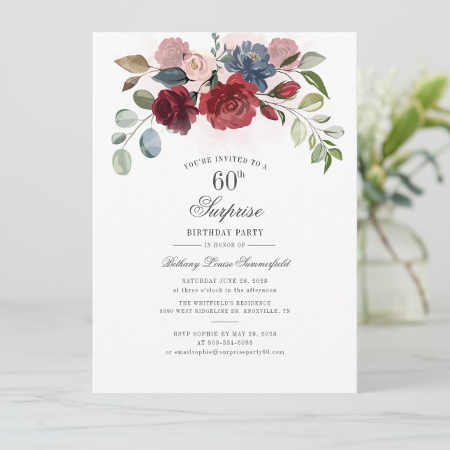 Invitation Bourgogne Floral 60e fête d'anniversaire (Debout devant)