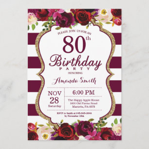 Invitation Bourgogne Floral 80e anniversaire de fête Invitati
