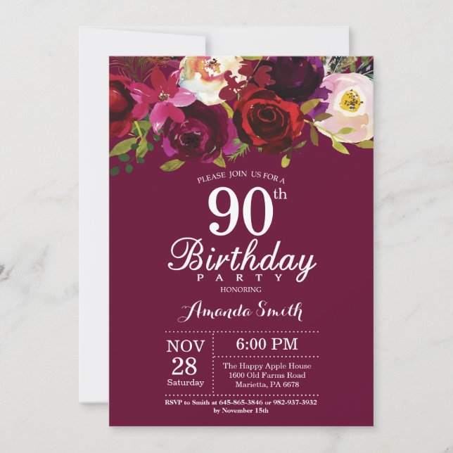 Invitation Bourgogne Floral 90e anniversaire de fête Invitati (Devant)