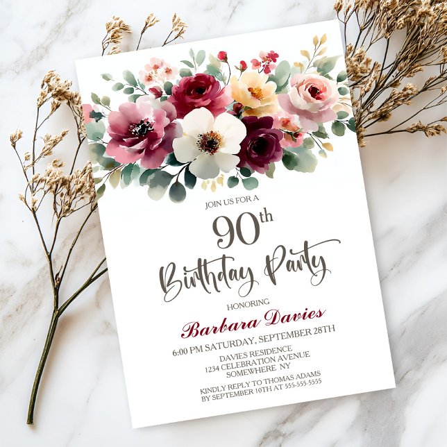Invitation Bourgogne Floral 90e fête d'anniversaire (Créateur téléchargé)