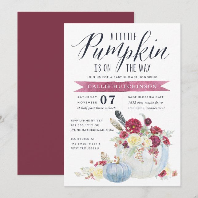 Invitation Bourgogne Floral & Autumn Citrouille Baby shower (Devant / Derrière)
