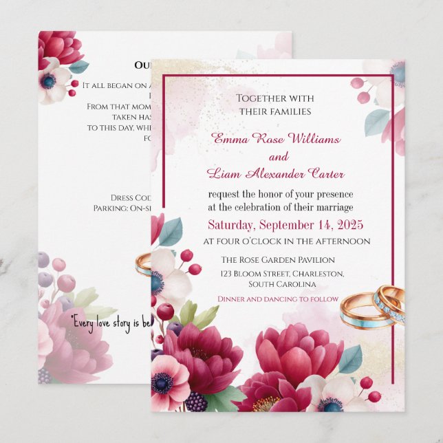 Invitation Bourgogne Floral & Bagues Or Elégant Mariage Invit (Devant / Derrière)