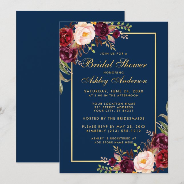 Invitation Bourgogne Floral Blue Gold Fête des mariées Invita (Devant / Derrière)