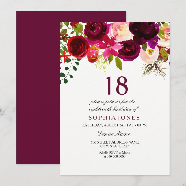 Invitation Bourgogne Floral Boho 18ème anniversaire Invitatio (Devant / Derrière)