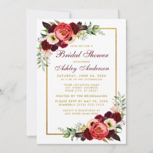 Invitation Bourgogne Floral Boho Fête des mariées Gold Invita