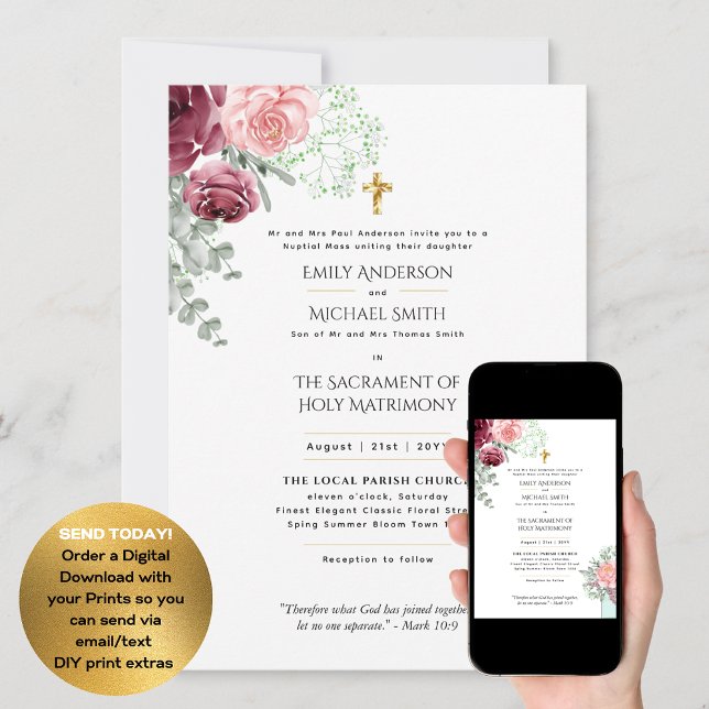 Invitation Bourgogne Floral Catholique Mariage de Masse Nupti (Créateur téléchargé)