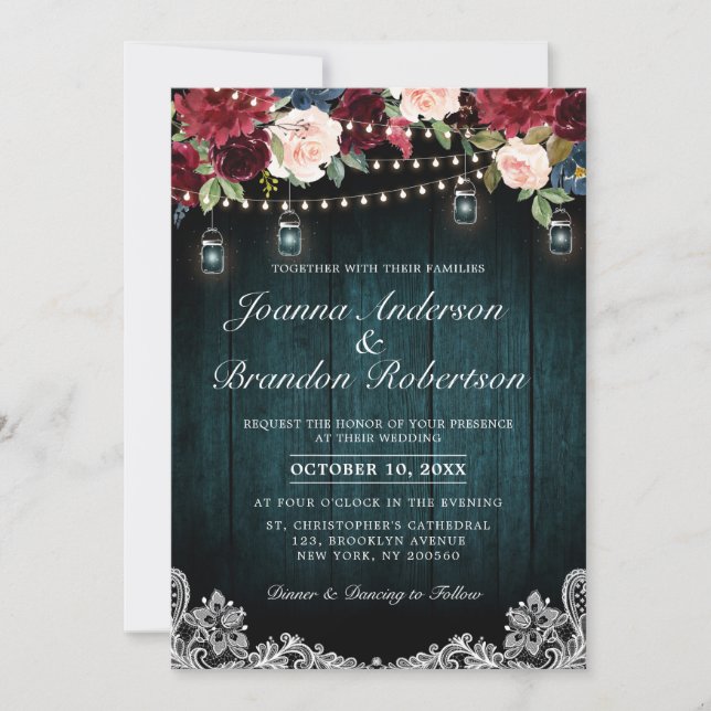 Invitation Bourgogne Floral Chaîne lumières Mason Jar Mariage (Devant)