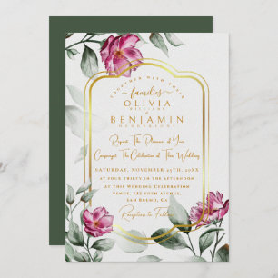Invitation Bourgogne Floral Chic Golden Frame Mariage