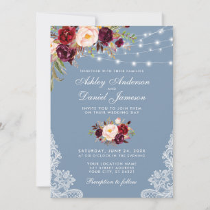Invitation Bourgogne Floral Dusty Bleu Mariage Luminaires