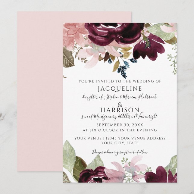 Invitation Bourgogne Floral Elegant Flush Mariage de feuillag (Devant / Derrière)