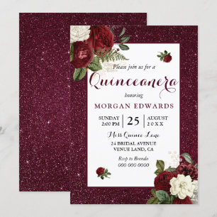 Invitation Bourgogne Floral Faux Metallic Quinceanera Invitat