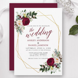 Invitation Bourgogne Floral Feuillage Calligraphie Mariage Or