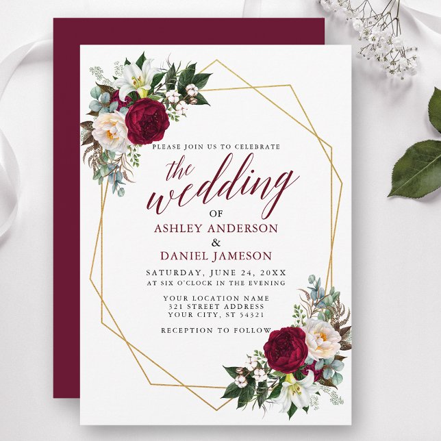 Invitation Bourgogne Floral Feuillage Calligraphie Mariage Or (Customize to change text color, style, add text & photos to back or change color of back of card.)