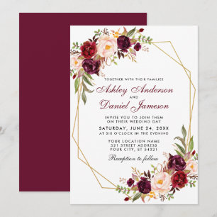 Invitation Bourgogne Floral géométrique Gold Frame Mariage