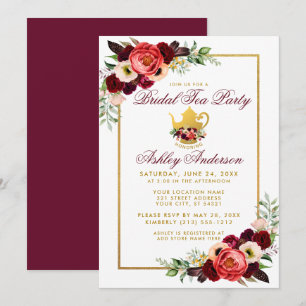 Invitation Bourgogne Floral Gold Boho Fête des mariées Tea Pa