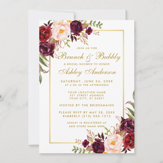 Invitation Bourgogne Floral Gold Fête des mariées Brunch Invi (Devant)