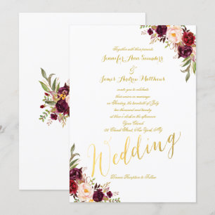 Invitation Bourgogne Floral Gold Foil Script Mariage Invitati