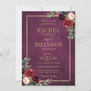 Invitation Bourgogne Floral Gold Marsala rose Mariage Rustiqu