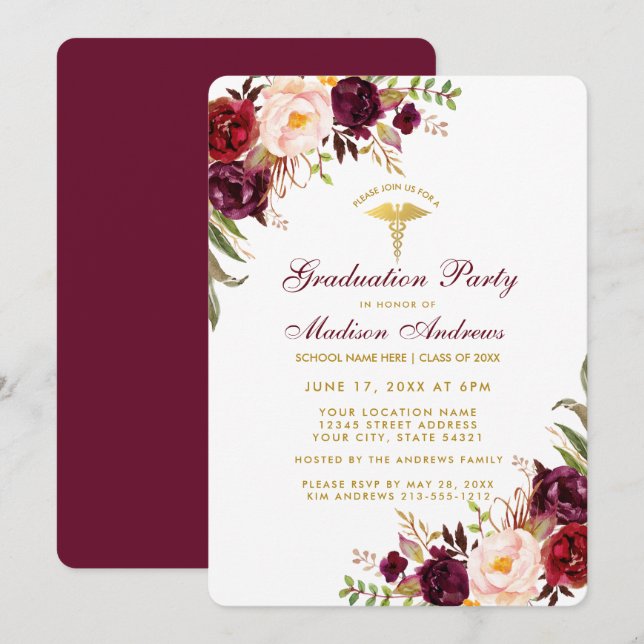 Invitation Bourgogne Floral Gold Médicale Grad Party Invitati (Devant / Derrière)
