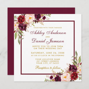 Invitation Bourgogne Floral Gold Wedding Invite Card B