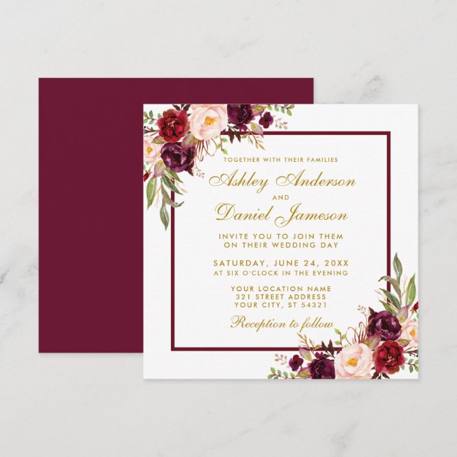 Invitation Bourgogne Floral Gold Wedding Invite Card G (Devant / Derrière)