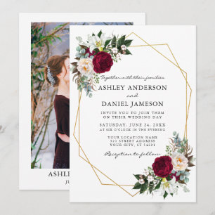 Invitation Bourgogne Floral Green Photo Gold Frame Mariage