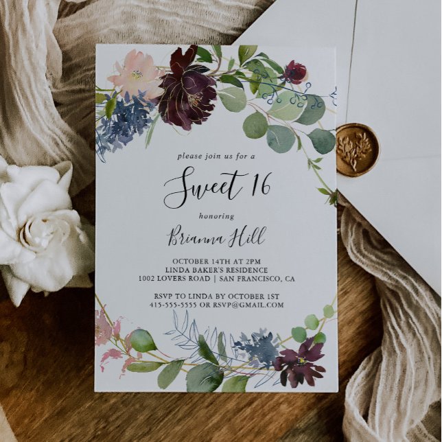 Invitation Bourgogne Floral Green Sweet 16 Anniversaire (Créateur téléchargé)