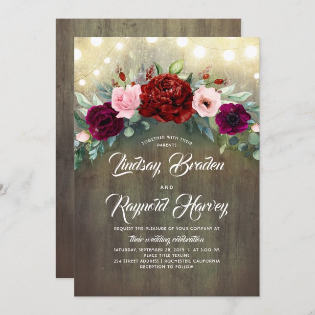 Invitation Bourgogne Floral Greenery Garland Rustic Mariage (Devant / Derrière)