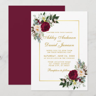 Invitation Bourgogne Floral Greenery Gold Frame Mariage