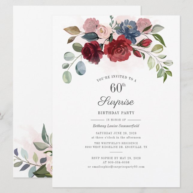Invitation Bourgogne Floral Greenery Surprise 60e anniversair (Devant / Derrière)