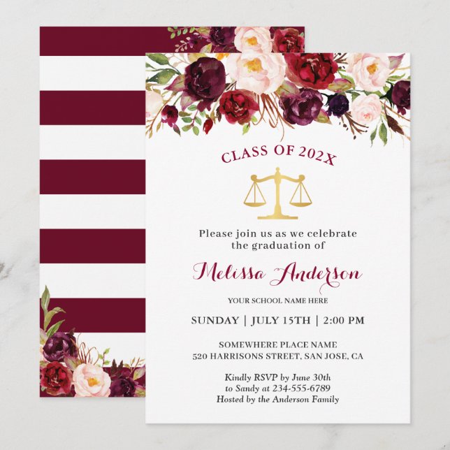 Invitation Bourgogne Floral Law School Graduation Party (Devant / Derrière)