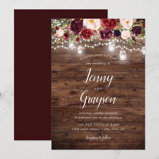 Invitation Bourgogne Floral Mason Jar Lumières Mariage en boi (Devant / Derrière)