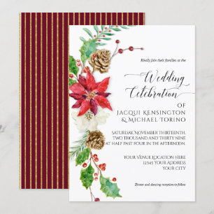 Invitation Bourgogne Floral Noël Or Hiver Holly Berry