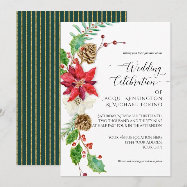 Invitation Bourgogne Floral Noël Vert Or Holly Mariage (Devant / Derrière)