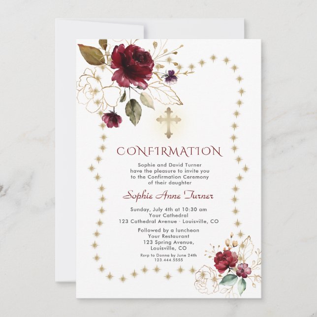 Invitation Bourgogne Floral Parties scintillant or éclaboussu (Devant)