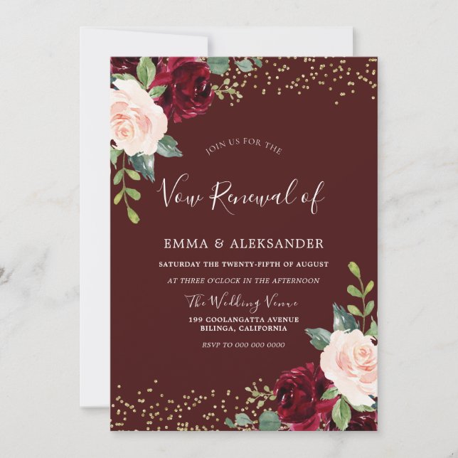 Invitation Bourgogne Floral Parties scintillant Vow Renouvell (Devant)