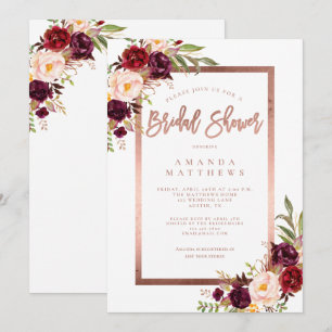 Invitation Bourgogne Floral Rose Gold Script Fête des mariées
