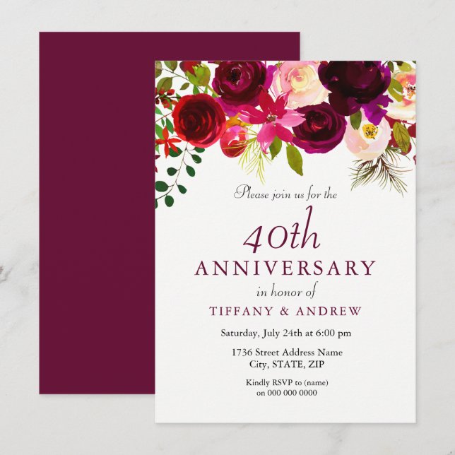 Invitation Bourgogne Floral Rouge Rubis 40ème Anniversaire de (Devant / Derrière)