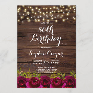 Invitation Bourgogne Floral String Lights 80e fête d'annivers