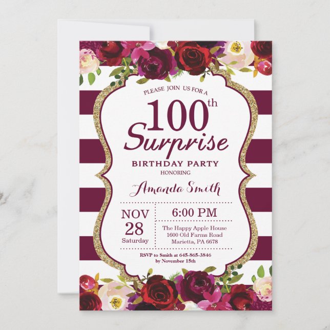 Invitation Bourgogne Floral Surprise 100e fête d'anniversaire (Devant)