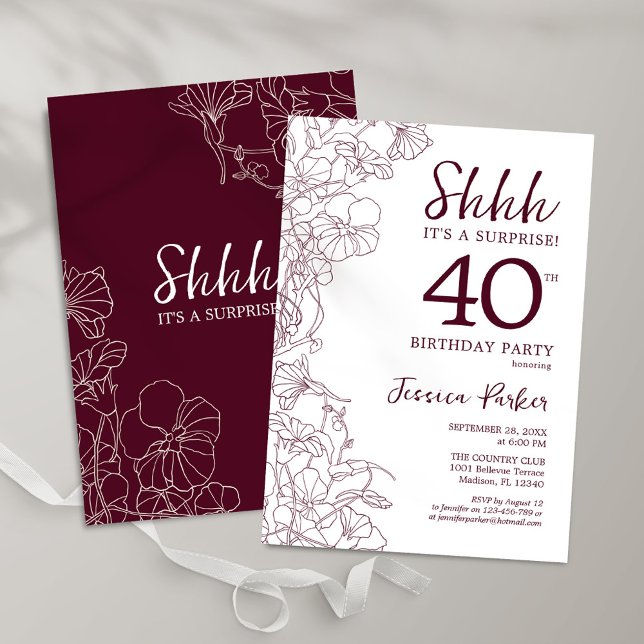 Invitation Bourgogne Floral Surprise 40e anniversaire (Créateur téléchargé)