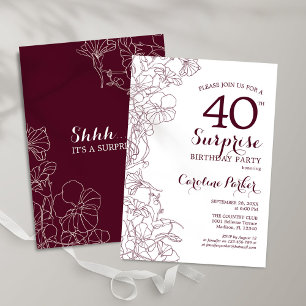 Invitation Bourgogne Floral Surprise 40e fête d'anniversaire