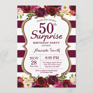 Invitation Bourgogne Floral Surprise 50e fête d'anniversaire
