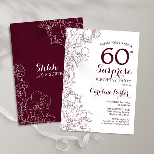 Invitation Bourgogne Floral Surprise 60e fête d'anniversaire