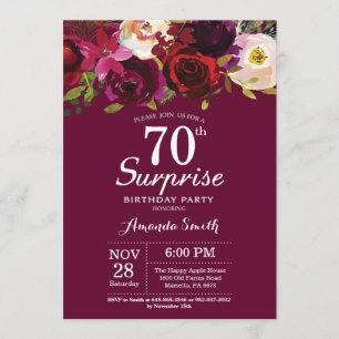 Invitation Bourgogne Floral Surprise 70e fête d'anniversaire