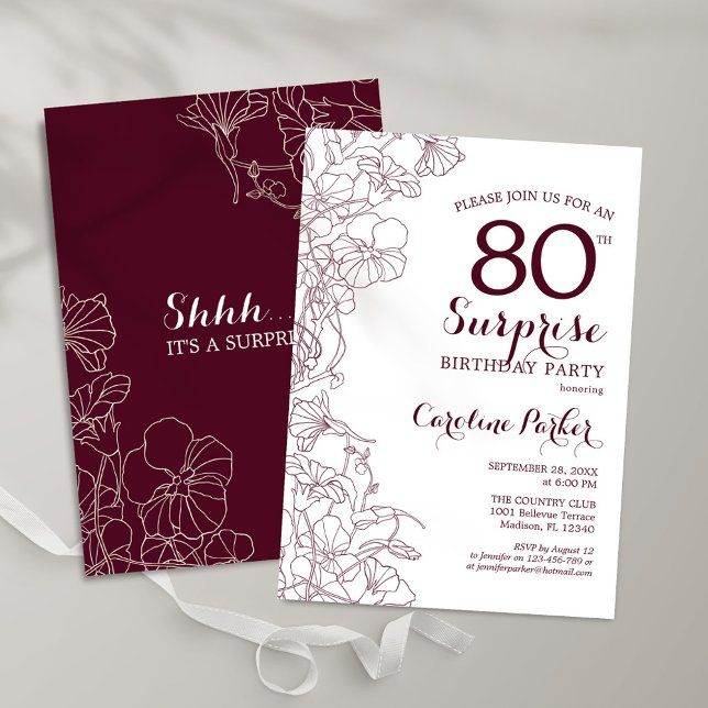 Invitation Bourgogne Floral Surprise 80e fête d'anniversaire (Créateur téléchargé)