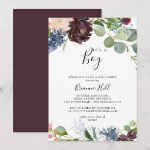 Invitation Bourgogne Floral verdure C'est un Baby shower garç